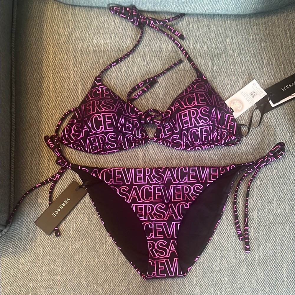 Versace Black and Purple Logo Bikini